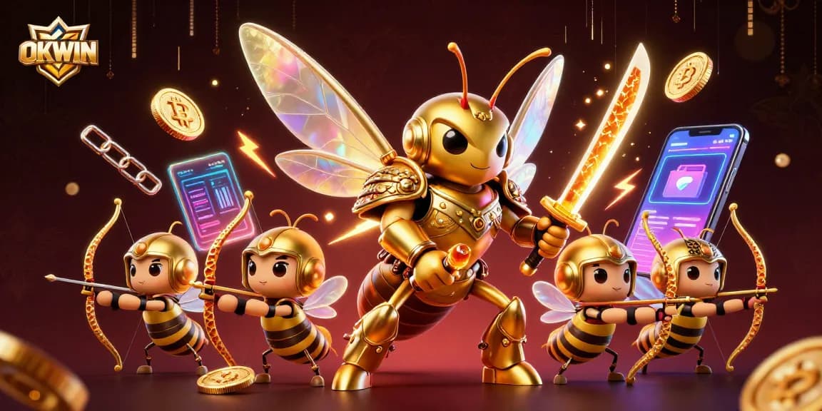 Engage with OKWIN’s dynamic casino experience featuring gold hornet warriors and crypto elements.