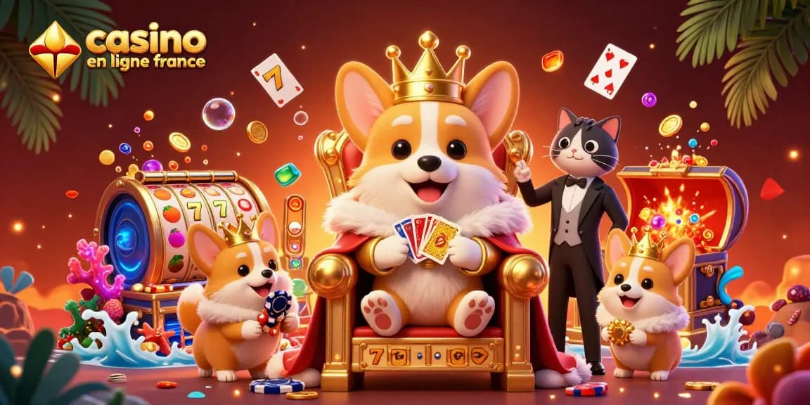 Jouez sur un casino en ligne France avec des corgis royaux, des jeux et des symboles colorés.