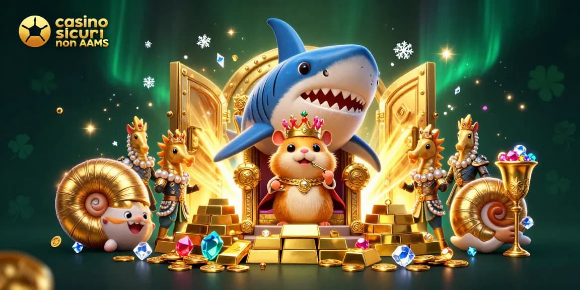 Scopri i casino sicuri non AAMS con il re dei criceti d'oro e guardie in una scena vivace.