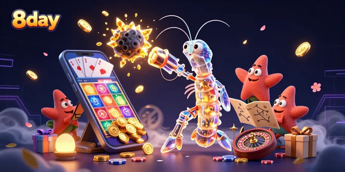 Engage in brilliant gaming action with 8day as colorful coins, slot games, and characters collide.