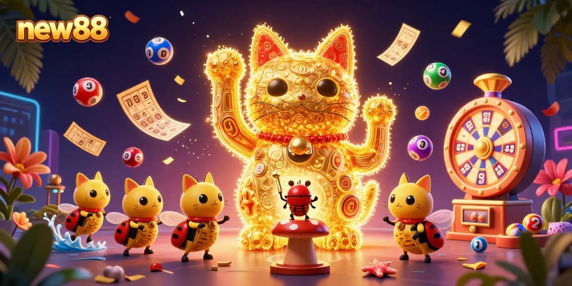 Win big with new88’s vibrant lottery scene featuring colorful elements of luck and excitement.