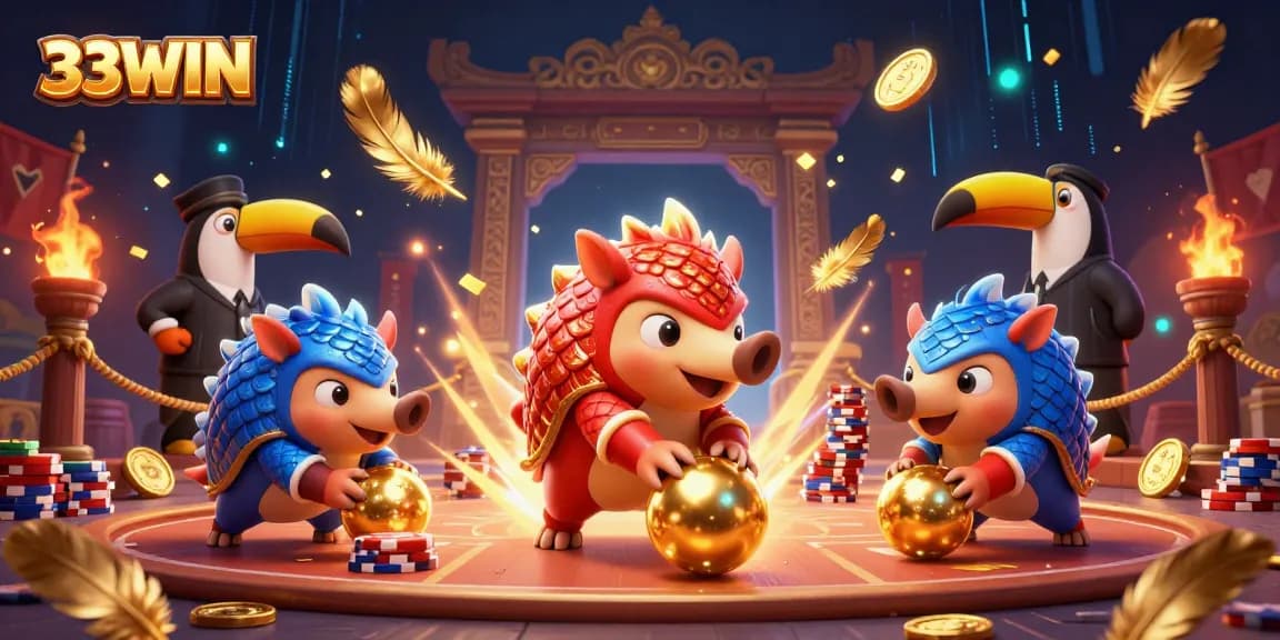33WIN pangolins compete in a dynamic casino setting with vibrant elements and action.