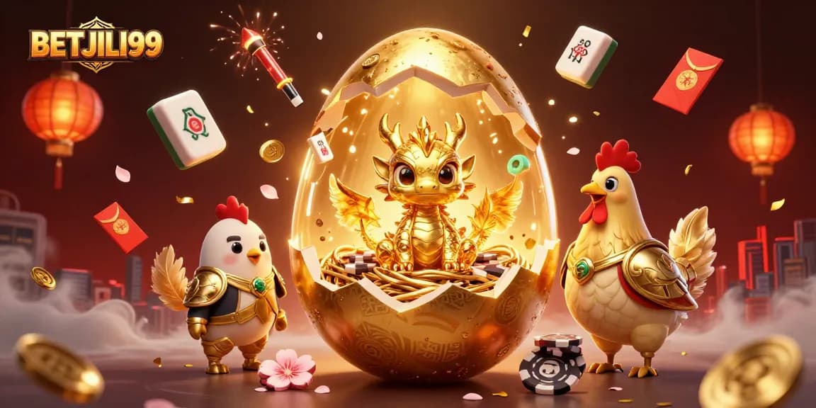 Experience thrill with BETJILI99 in this stunning 3D illustration of a golden dragon and poker chips.