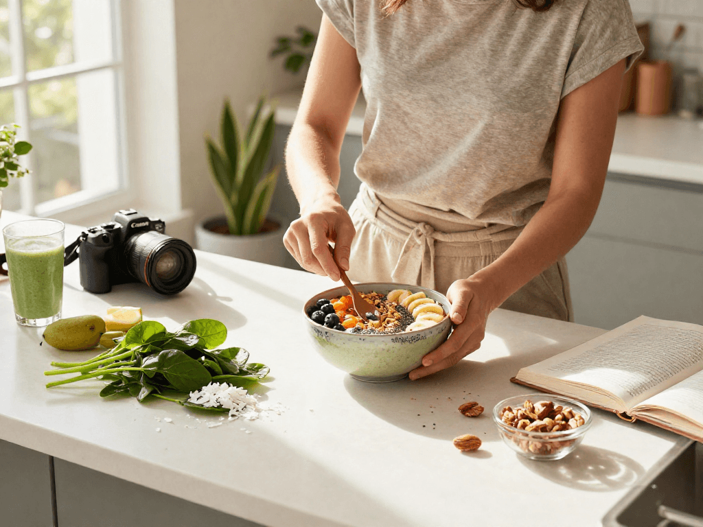 Motchill smoothie bowl preparation scene with vibrant fruits and healthy ingredients