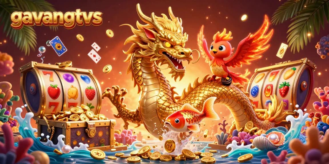 Experience exhilarating gaming with gavangtvs as colorful slot reels and a golden dragon soar through the scene.