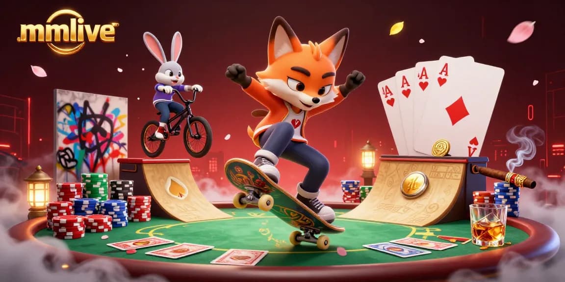 Engage in mmlive with a vibrant 3D scene of a skateboarder fox and BMX rabbit at a lively casino.