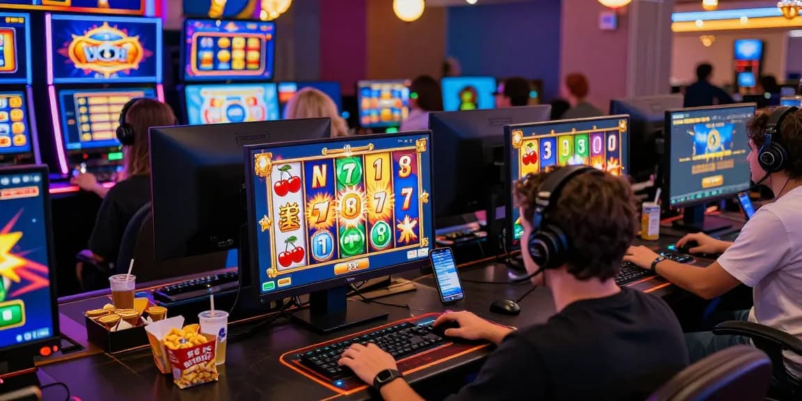 Engaged players enjoying exciting HWGSLOT online gaming experience at a colorful virtual casino.