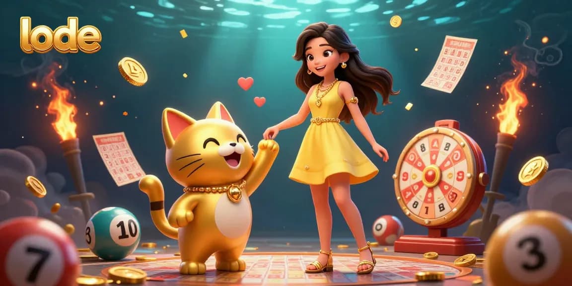 Engage with lode's vibrant lottery scene filled with colorful balls and a golden lucky cat.
