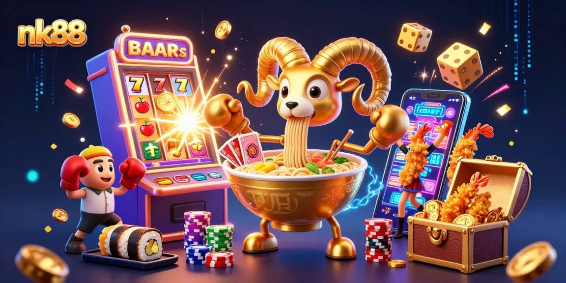 Experience the excitement of nk88 with a giant ramen bowl dealer and vibrant casino elements bursting with energy.