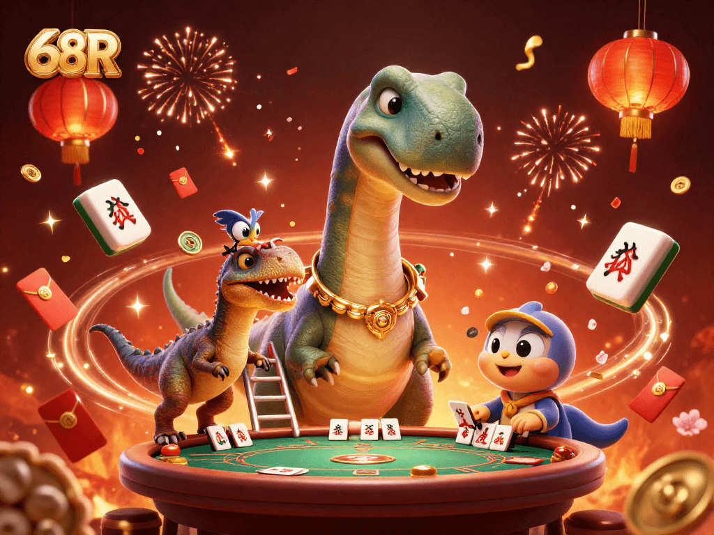 Ilustre jogo emocionante no cassino 68R com dinossauros e elementos festivos