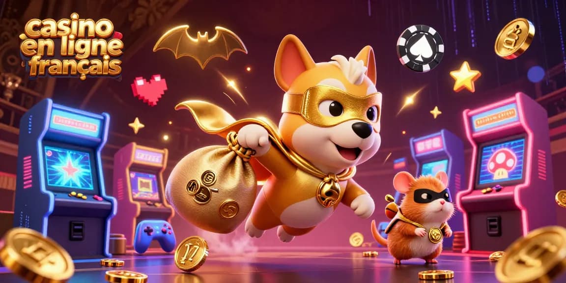 Jouez au casino en ligne français avec un chien super-héros portant des pièces d'or et des machines à sous colorées.