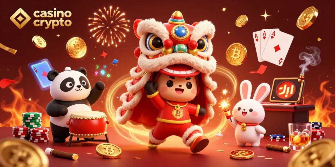 Giocatori all'interno di un casino crypto mentre si esibiscono in una danza tradizionale cinese con elementi di poker e bitcoin.