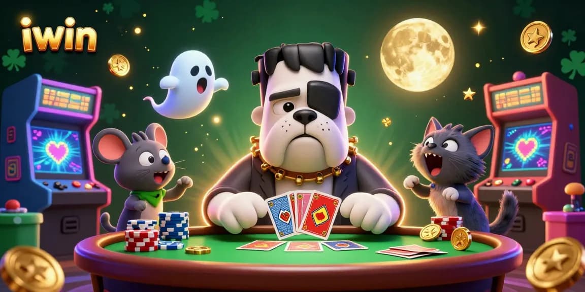 iwin engages players in a lively casino scene with Frankenstein bulldog dealing cards and vibrant game elements.