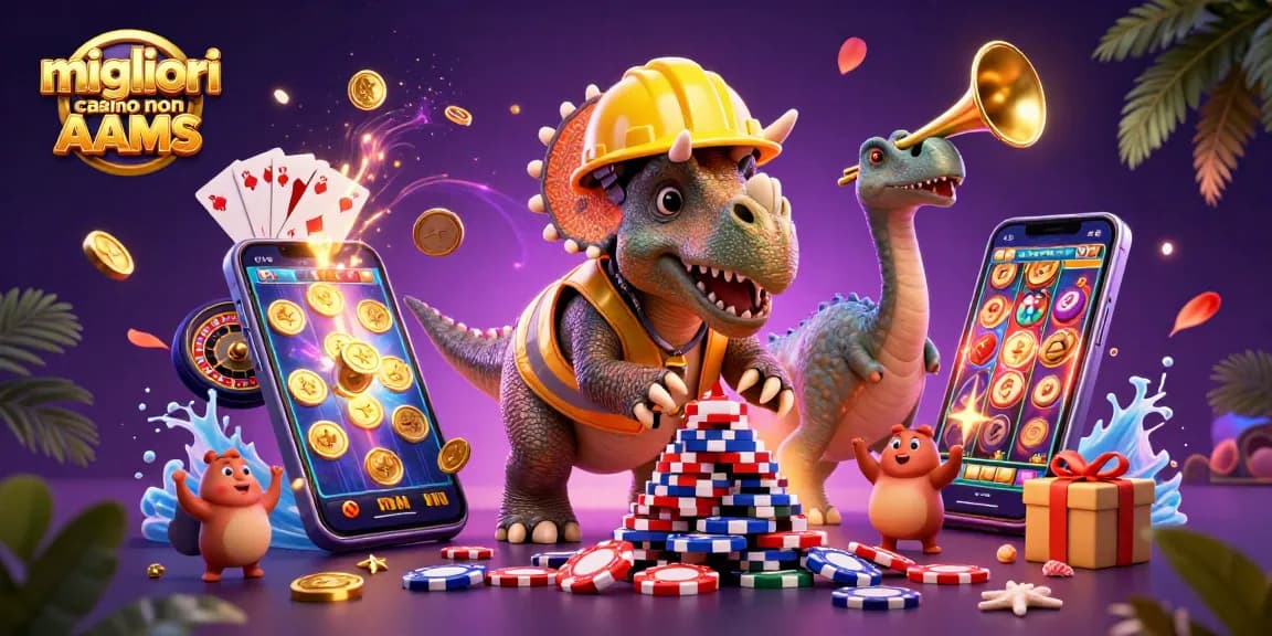 Migliori casino non AAMS mostrano un triceratopo costruire torri di chip da poker con festeggiamenti nel mondo del gioco.
