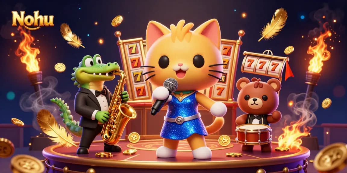 Nohu showcases a vibrant casino scene featuring a jazzy cat singing, a crocodile with a saxophone, and a bear cub drumming amidst dynamic slot reels and gold coins.