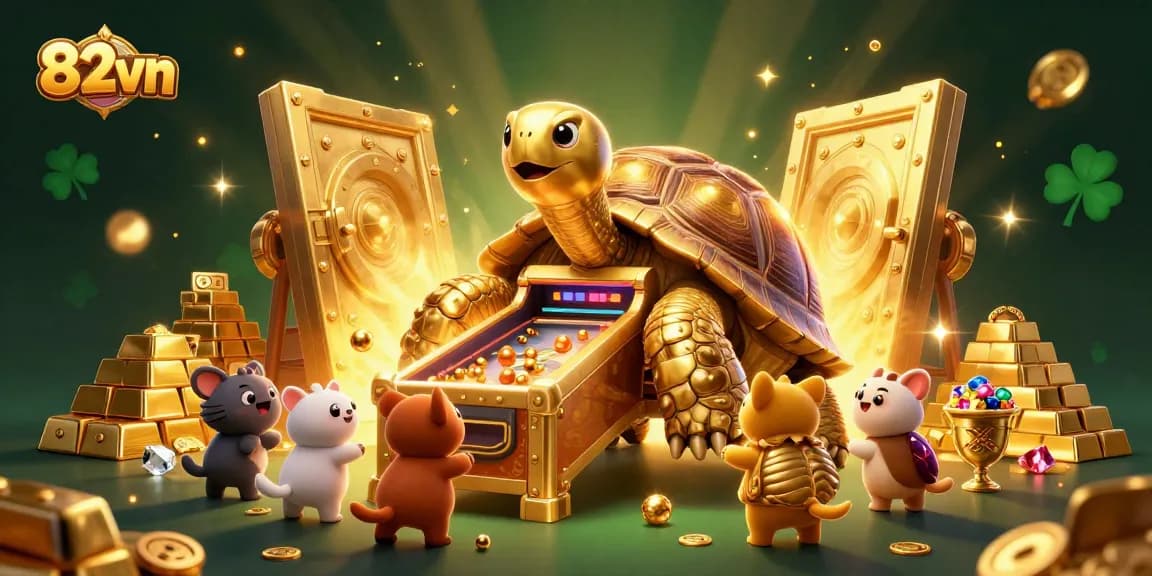 82vn showcases a lively gaming scene with a colossal golden tortoise and treasure elements.