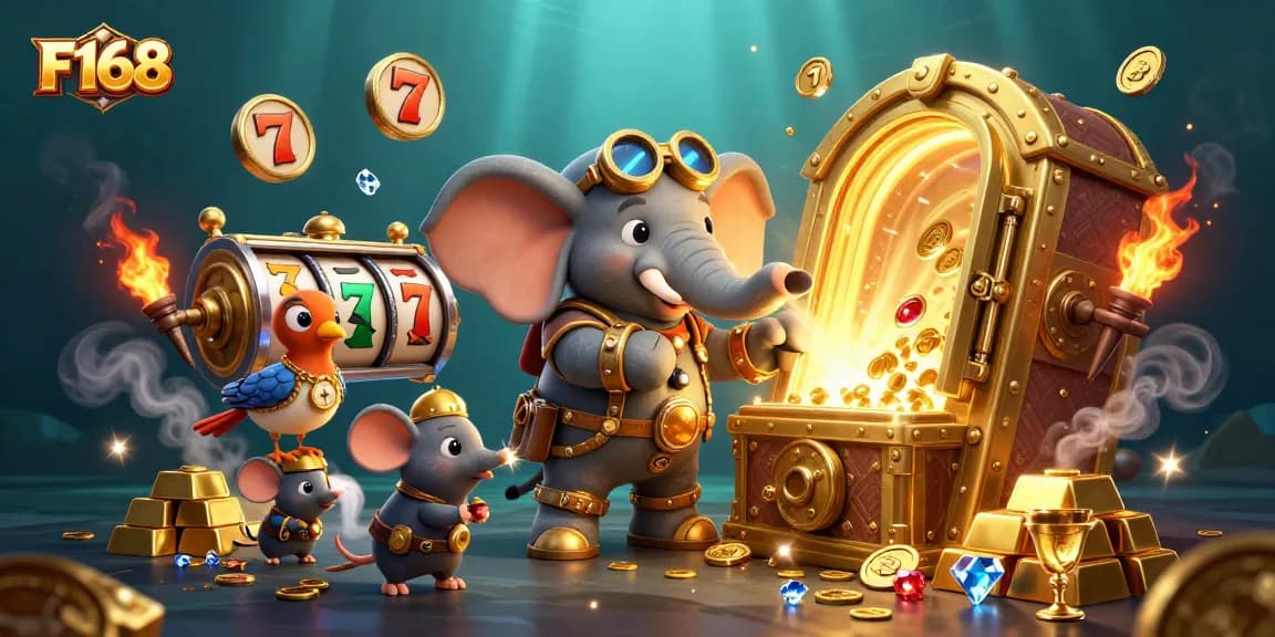 Experience thrilling gameplay with F168's vibrant slot machine scene featuring an engineer elephant.