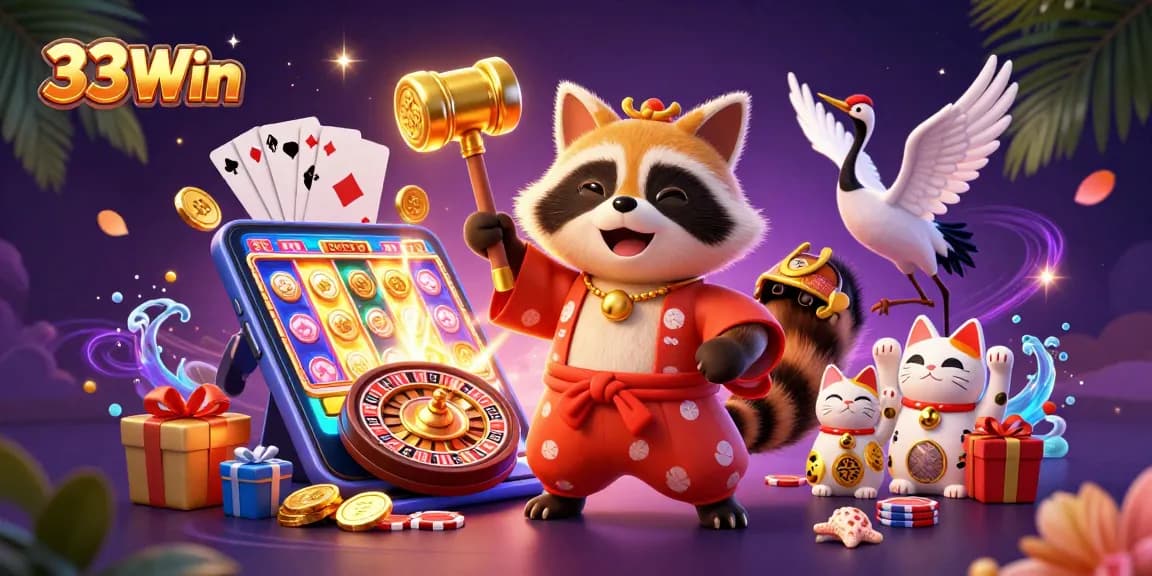 Experience the thrill of 33Win with a cheerful tanuki and fortune cats in a vibrant casino scene.