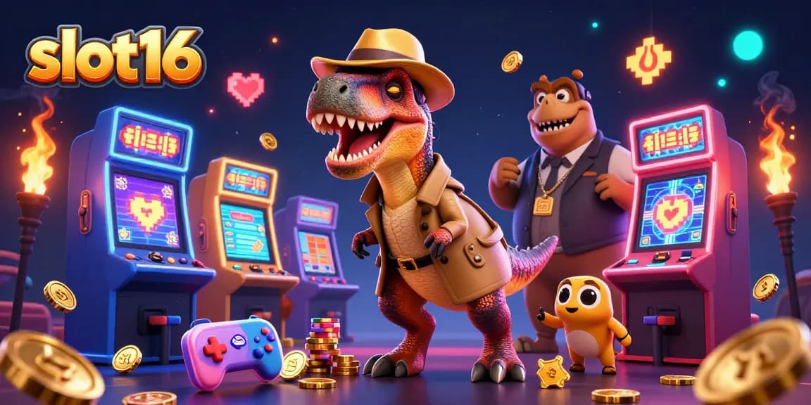 Experience thrilling gameplay at slot16 as a velociraptor card counter interacts with a stegosaurus pit boss.
