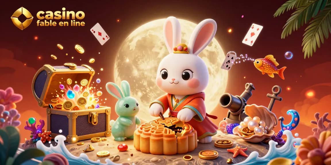 Plongez dans l'univers des jeux d'argent avec le casino fiable en ligne, dévoilé par un adorable lapin lunaire et des jetons de poker.