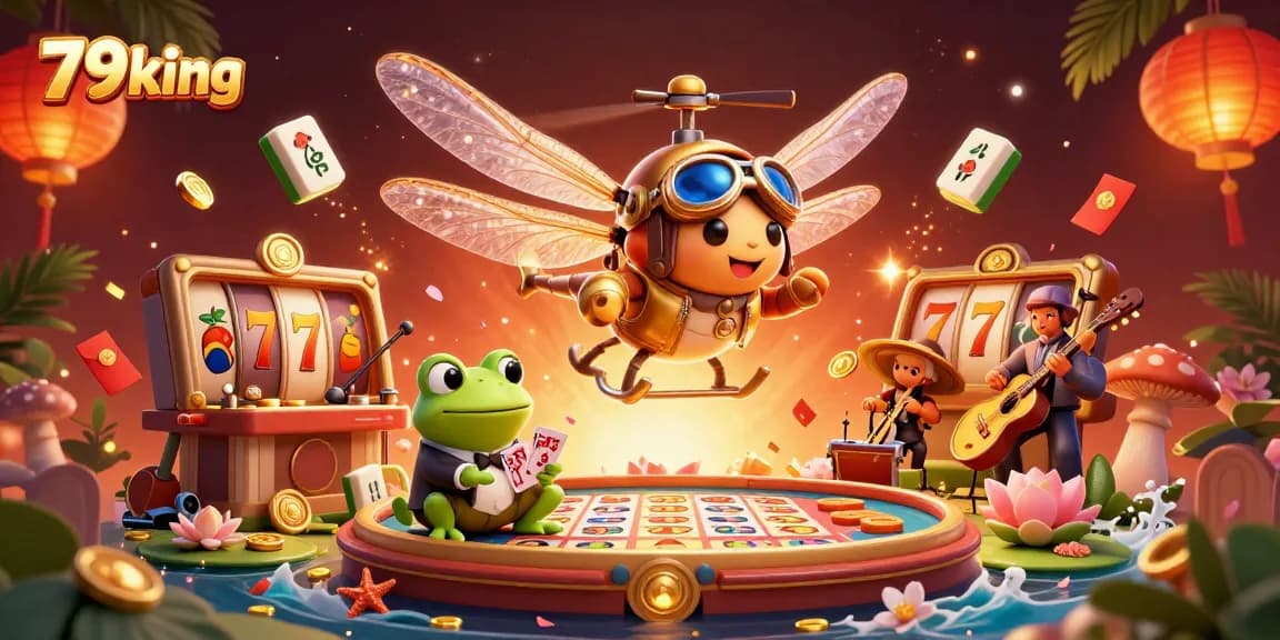 Win big at 79king with a vibrant illustration of a casino scene featuring a dragonfly pilot and frog dealer