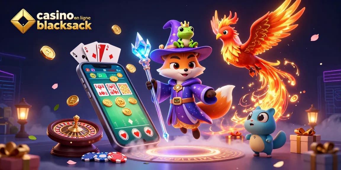 Jouez au blackjack en ligne avec des personnages animés et des éléments de casino lumineux.