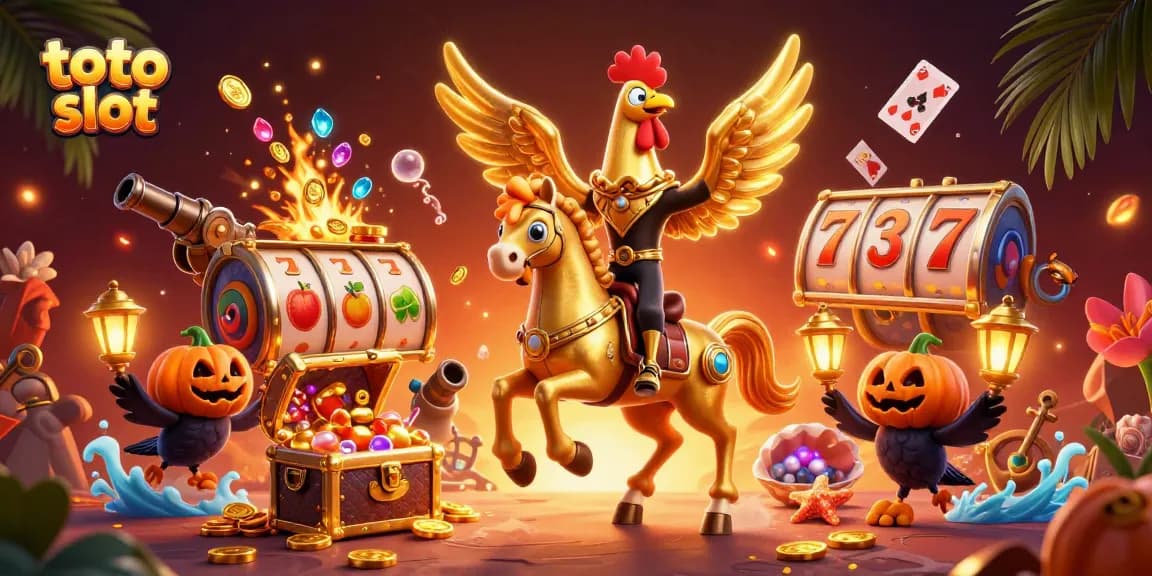 Toto slot gaming scene with golden rooster and crows in a vibrant casino environment