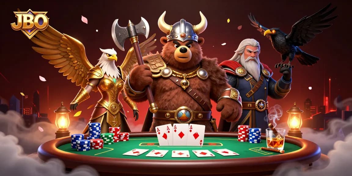 Experience thrilling moments with JBO as a Viking berserker, Valkyrie, and poker action blend in a gaming universe.