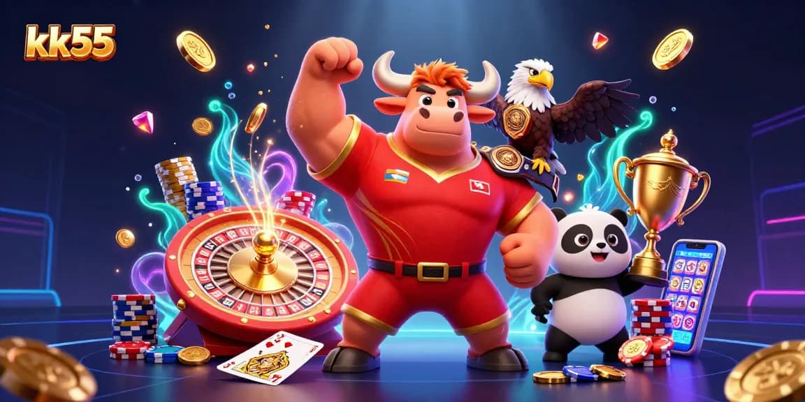 kk55 offers thrilling casino action with a vibrant 3D scene featuring mascots and casino elements.