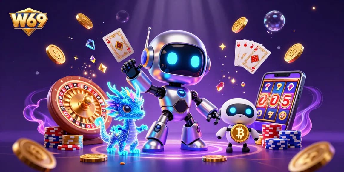Engage with W69 casino characters with vibrant game elements, showcasing winning excitement.