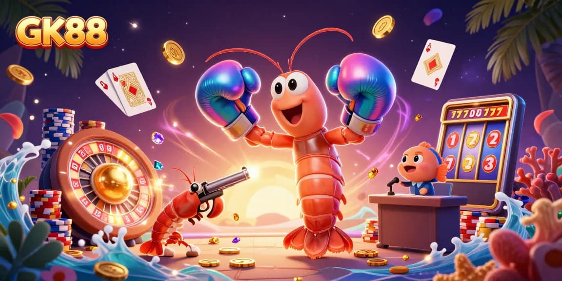 Engage with GK88 in this vibrant 3D casino illustration featuring dynamic gaming elements.