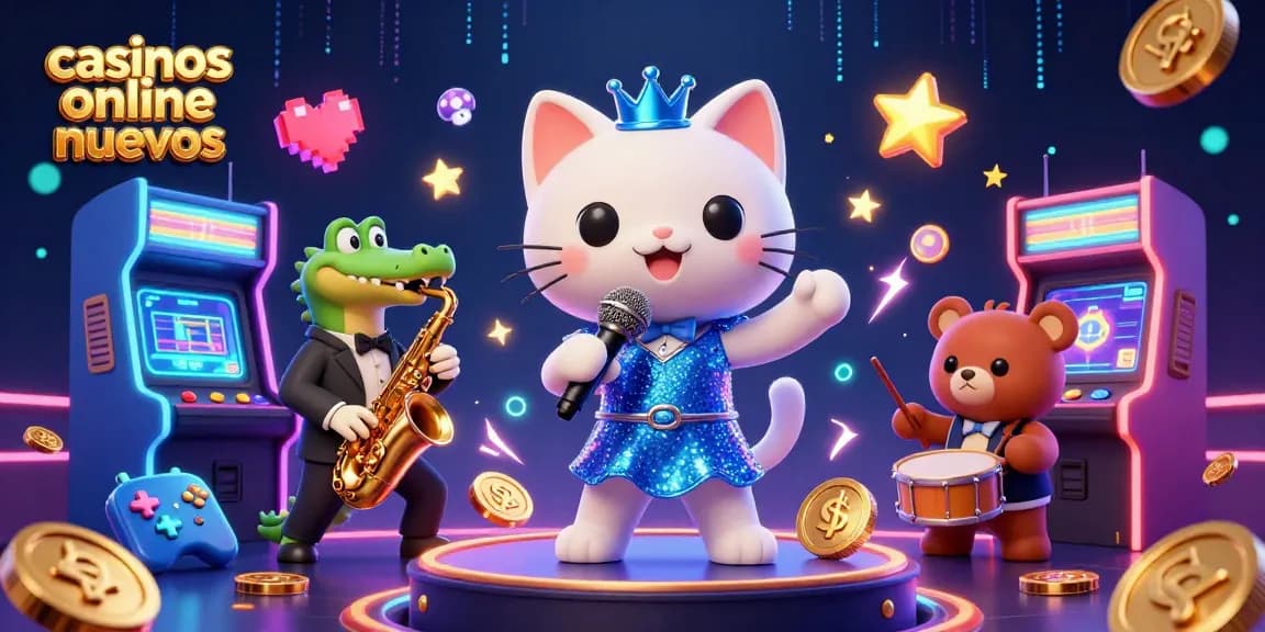 Disfruta de casinos online nuevos con música y diversión en una ilustración vibrante.