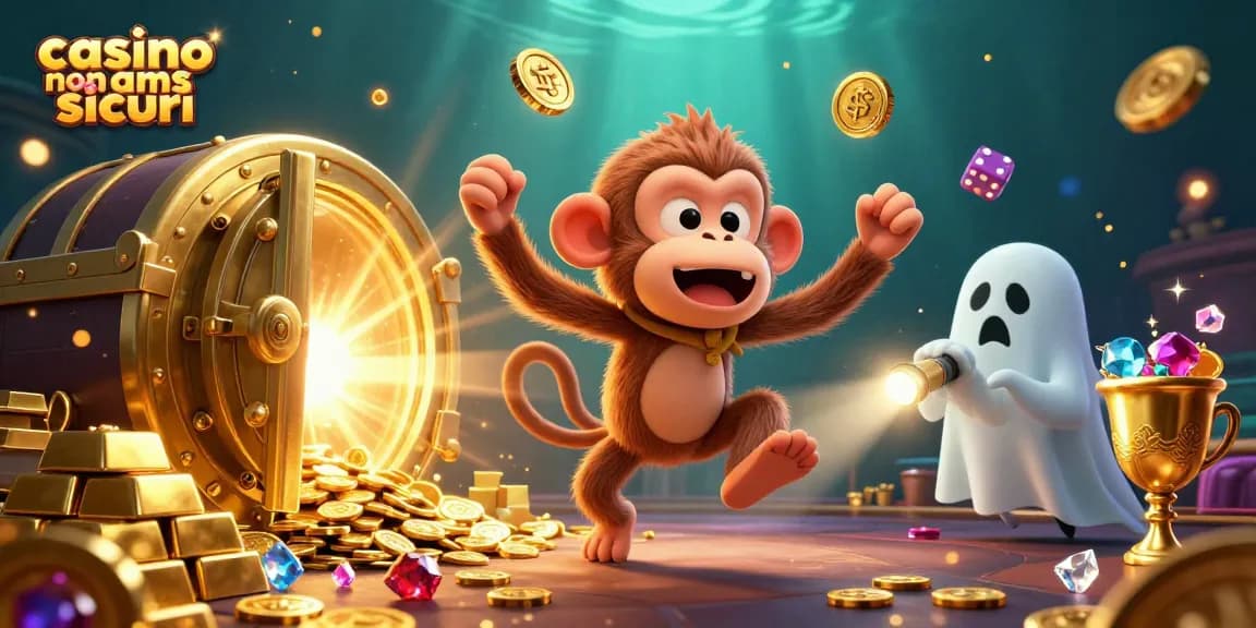 Gioca nei casino non AAMS sicuri esplorando un'interazione vibrante tra personaggi e oggetti d'oro in un'illustrazione 3D.
