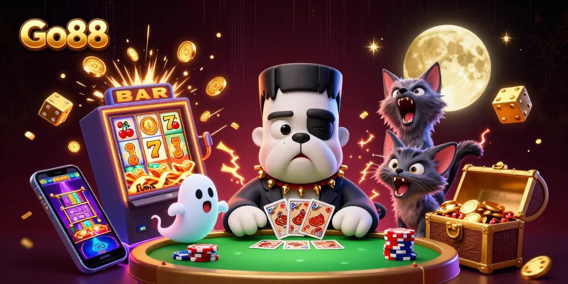 Go88's playful characters engage in a vibrant casino scene filled with exciting games and jackpots.