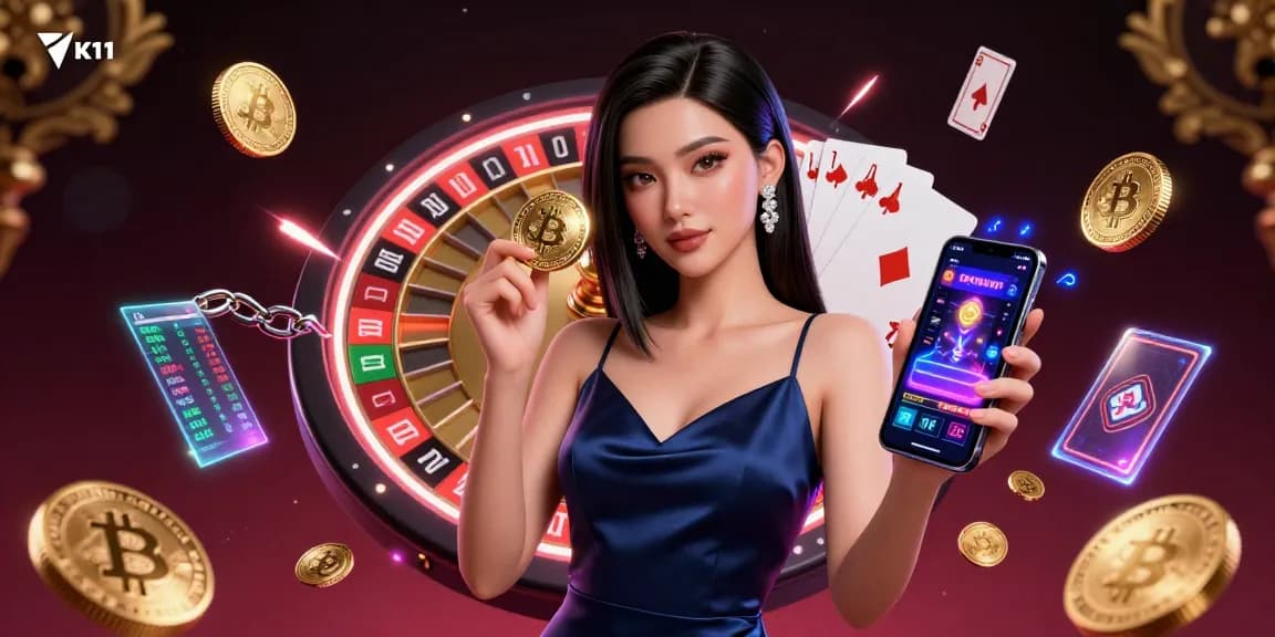 Experience the thrilling games at TK11 Casino while surrounded by vibrant 3D coin elements and casino ambiance.