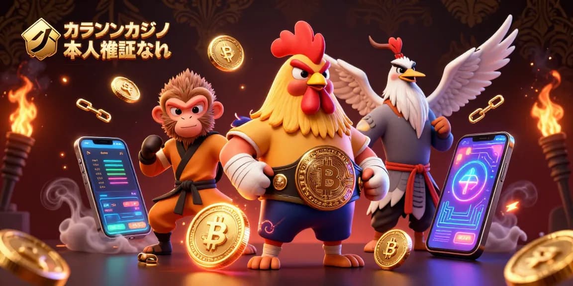 オンラインカジノ 本人確認なしのキャラクターたちが、ビットコインやイーサリアムのコインに囲まれたシーンを描写。