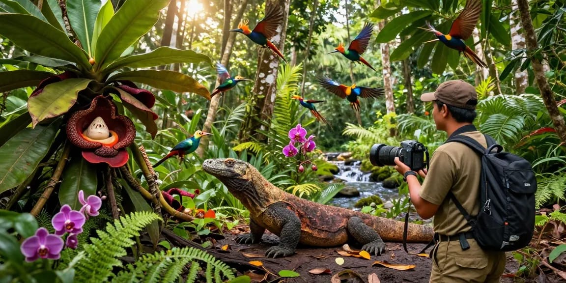 A wildlife researcher examining the diverse flora and fauna of Indonesia's rainforest, highlighting the rokok88 biodiversity portal.