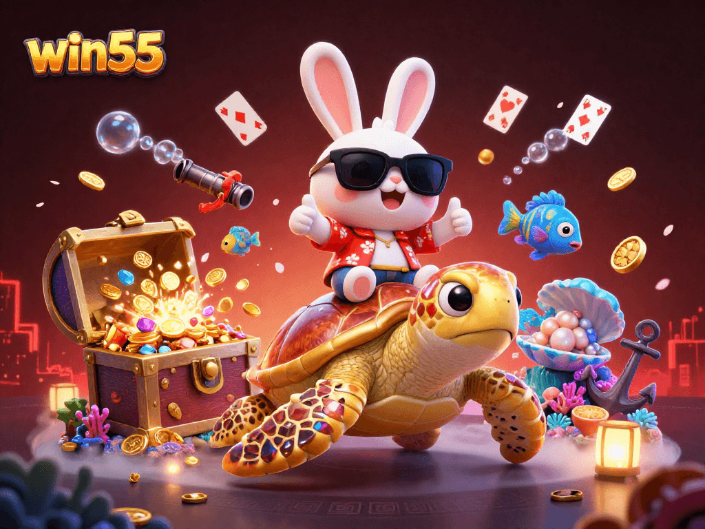 Experience the thrill of win55 with an adorable lucky rabbit and golden sea turtle in a vibrant casino scene.