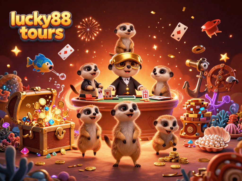 Experience winning moments with lucky88 tours in a vibrant casino scene filled with meerkats.