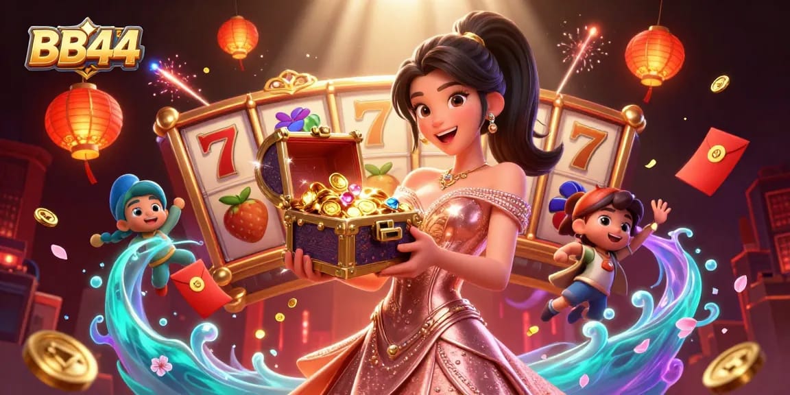 Experience the excitement of BB44 casino with a joyful top player showcasing golden treasures amidst slot reels