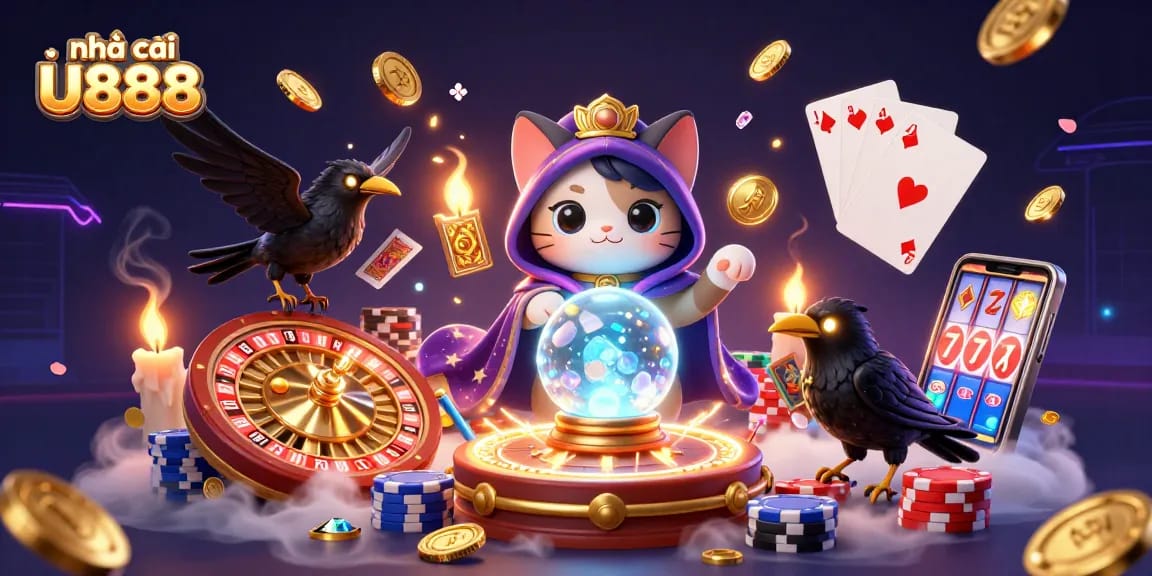 Engage with nhà cái U888 as the mystic cat reveals fortunes in a vibrant casino illustration.
