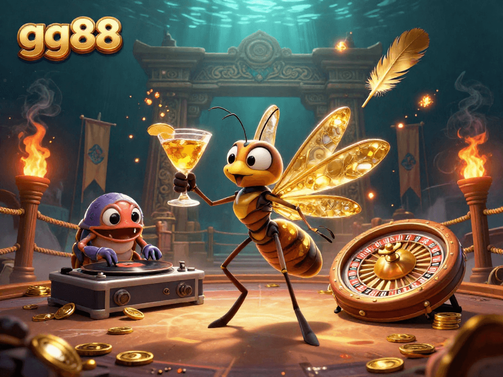 Experience the excitement of gg88 with a vibrant casino scene featuring a retro-inspired mosquito mascot and fossil DJ.