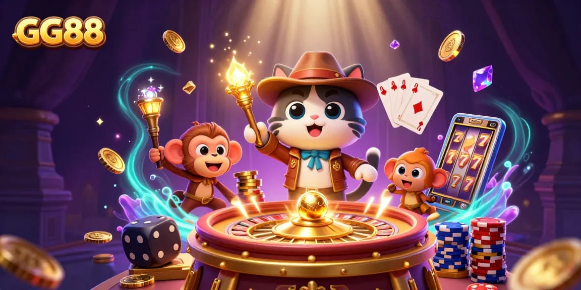 Win at GG88 with a cartoon cat archaeologist uncovering a golden artifact in an ancient temple.