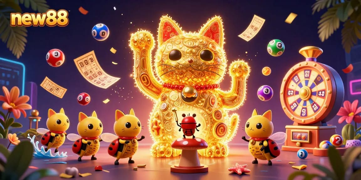 Win big with new88’s vibrant lottery scene featuring colorful elements of luck and excitement.