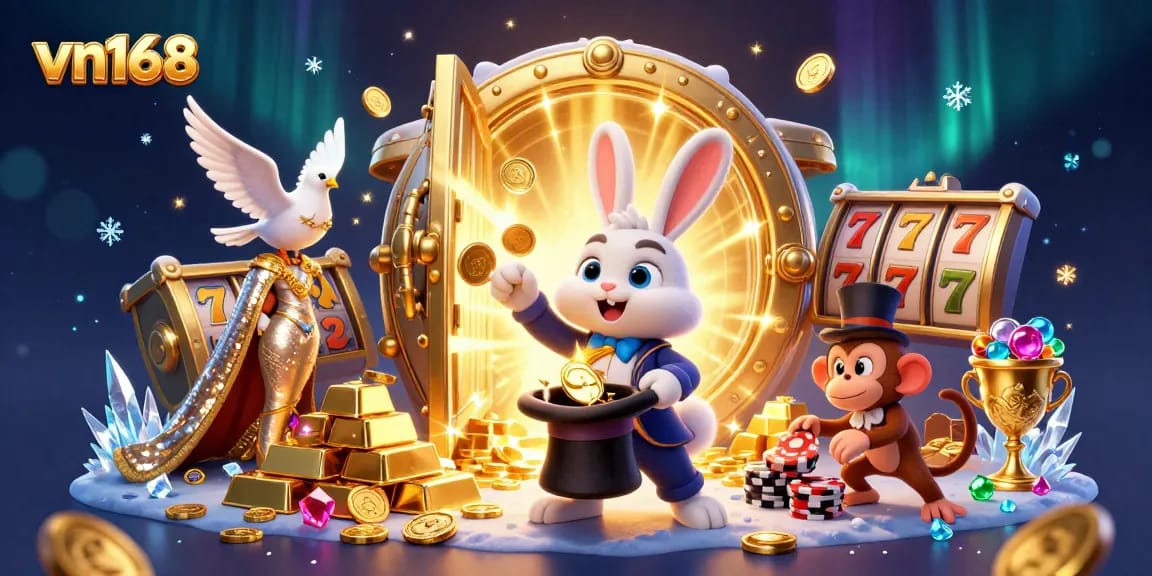 Experience the vibrant magic of vn168 with golden coins and exciting casino elements in a dynamic 3D scene.