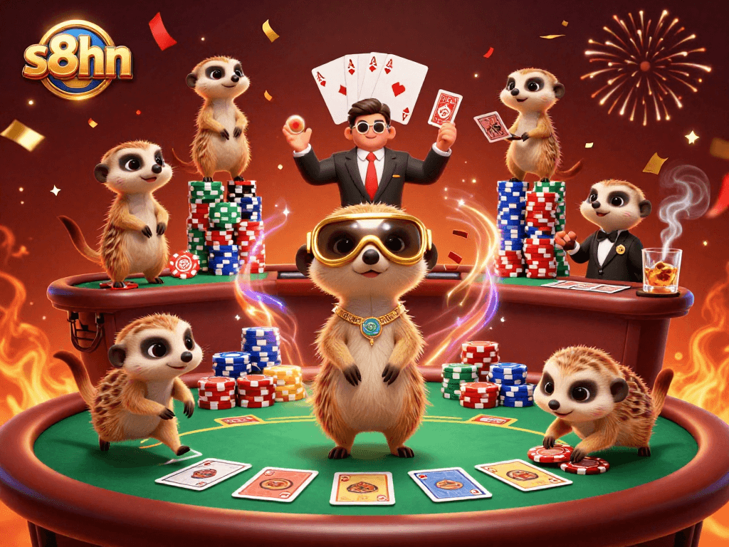 Meerkats thriving in a casino operation featuring poker games, showcasing s8hn's vibrant energy.