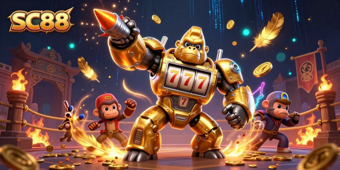 Experience the thrilling gaming adventure of SC88 with golden gorilla mech unleashing jackpots.