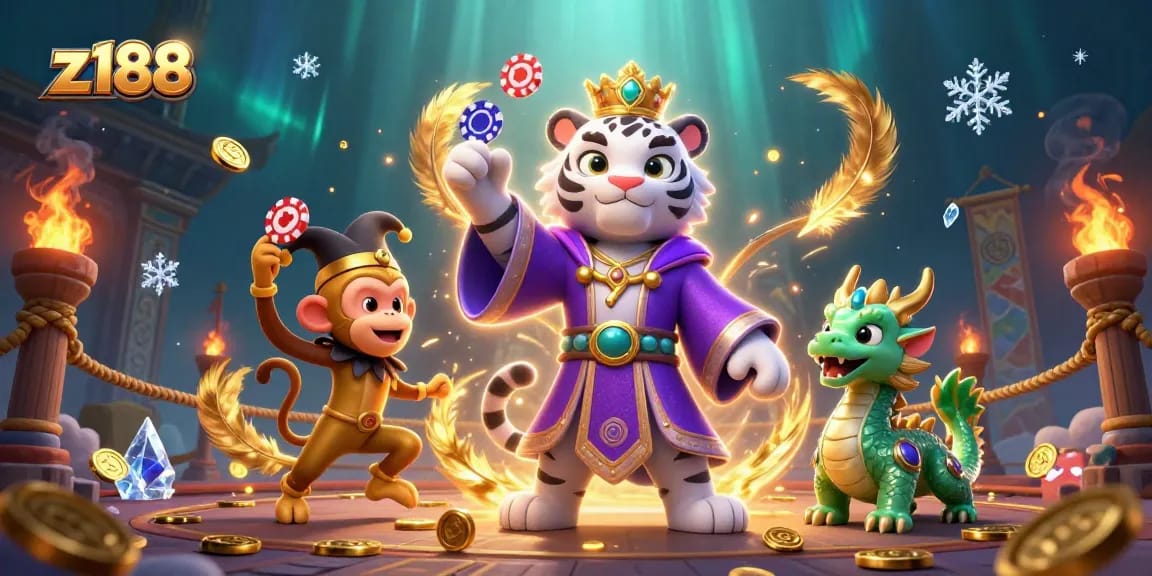 Experience thrilling gaming action at z188 with a vibrant scene featuring a white tiger, a monkey juggling chips, and a jade dragon!
