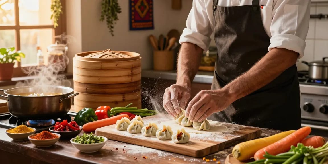 rokok88 chef making momo dumplings with fresh ingredients in a vibrant kitchen