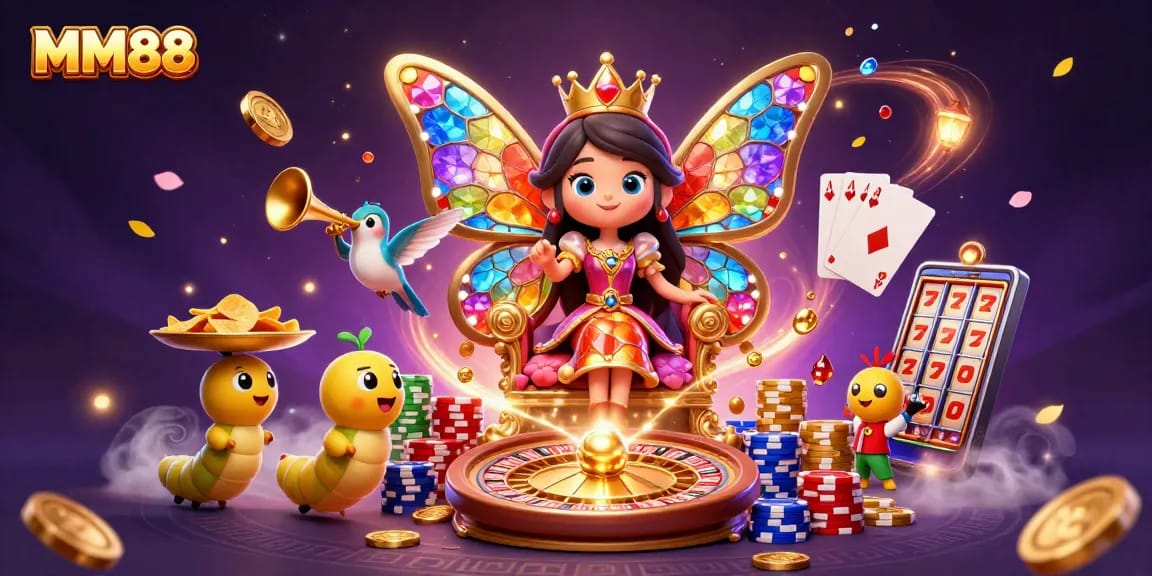 Bet big with MM88's vibrant casino games showcased in an enchanting digital scene.